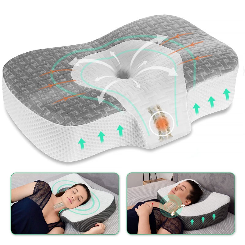 Elviros وسادة عنق ميموري فوم إلفيروس للنوم الجانبي وسائد طبية للنوم على الظهر والبطن وسادة سرير قابلة للتعديل مريحة لتخفيف الألم رمادي