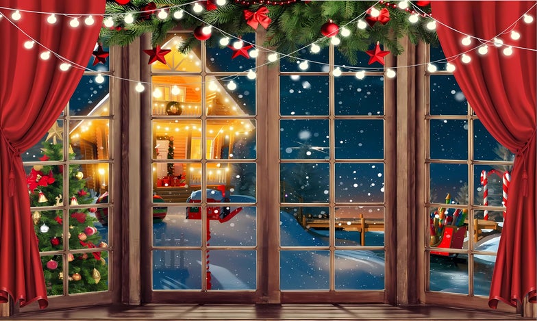 Backdropon Window Snowy Light Christmas Tree Cartoon House Decoration Background Winter Newborn Baby Portrait Photo Studio Booth Photoshoot Photographer Props Size 5Feet Height & 8Feet Width(5 * 8) - Image 1