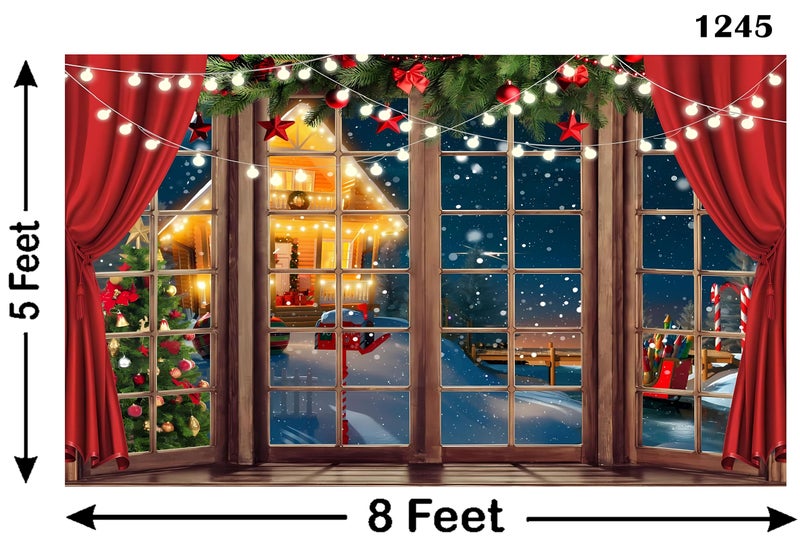 Backdropon Window Snowy Light Christmas Tree Cartoon House Decoration Background Winter Newborn Baby Portrait Photo Studio Booth Photoshoot Photographer Props Size 5Feet Height & 8Feet Width(5 * 8) - Image 3