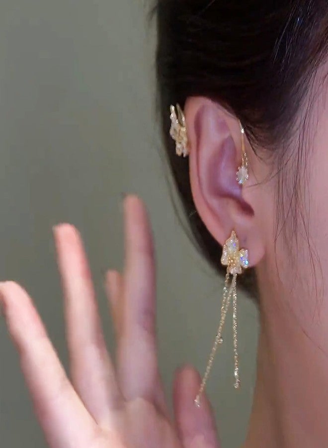 اتش تي اتش أقراط على شكل فراشة فضية لامعة مزينة بشرابة على شكل زهرة، أقراط لف الأذن بتصميم جنية، مناسبة للأذن اليمنى واليسرى، بدون ثقب، مشبك للأذن (زهرة، ذهبي) - Image 4