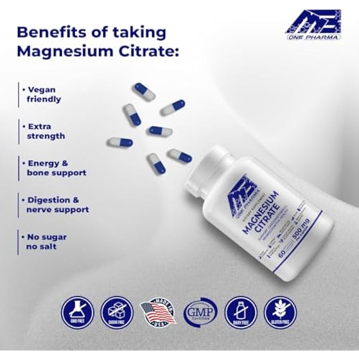 MB One Pharma MB One Magnesium Citrate 500mg - Highly Absorption Formula for Muscle, Nerve, Sleep & Bone Support - Vegan, Non-GMO - Digestive & Heart Health - 60 Caps - 60 Day Supply - Image 3