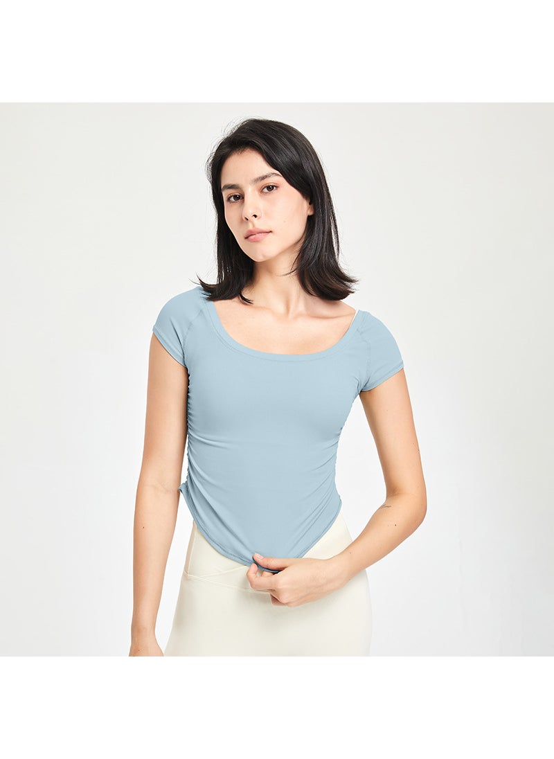 Fanxin fitness clothes womens tight sports T-shirt running training quick-drying clothes short sleeve thin nude yoga clothes top summer Light gray and blue