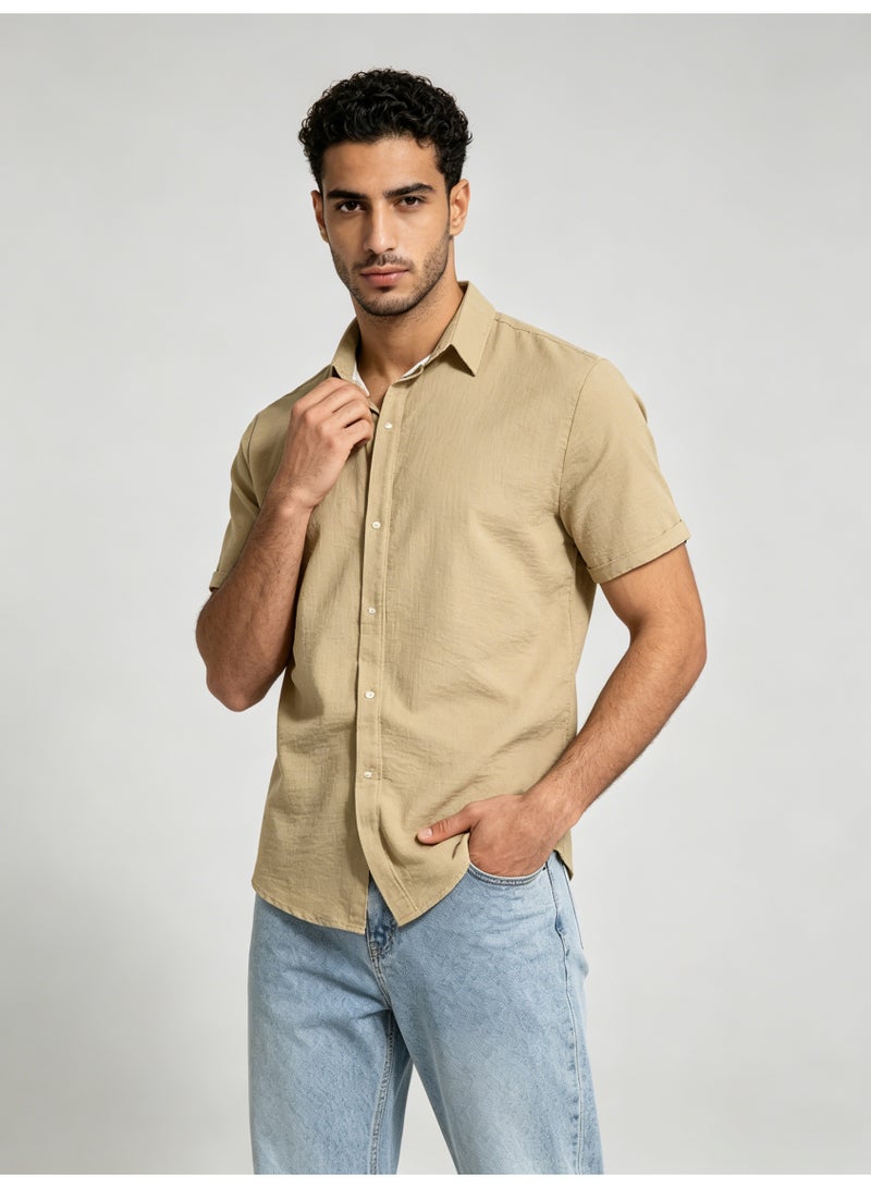 زارا ZARA Men’s Khaki Textured Short Sleeve Button Down Casual Shirt - Image 4