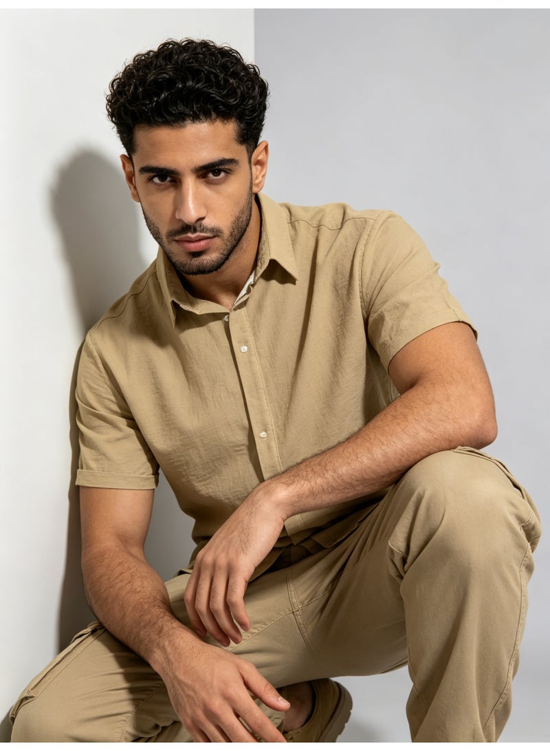 زارا ZARA Men’s Khaki Textured Short Sleeve Button Down Casual Shirt - Image 2