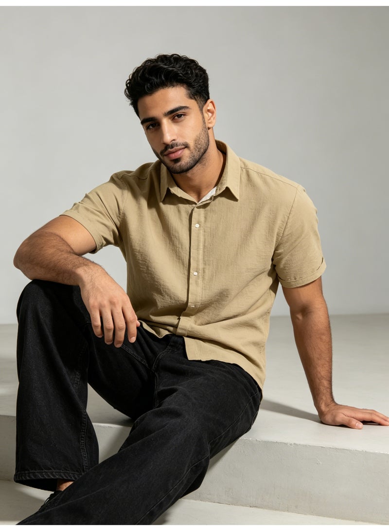زارا ZARA Men’s Khaki Textured Short Sleeve Button Down Casual Shirt - Image 1