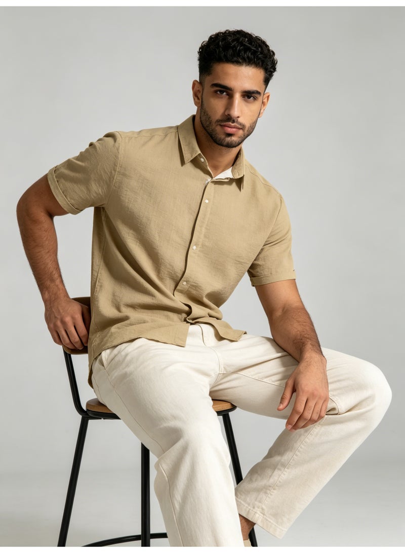 زارا ZARA Men’s Khaki Textured Short Sleeve Button Down Casual Shirt - Image 3