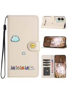 HuHa Case Cover For Xiaomi Redmi 13C 4G / 5G Cartoon Cats Leather Phone Case Beige White 