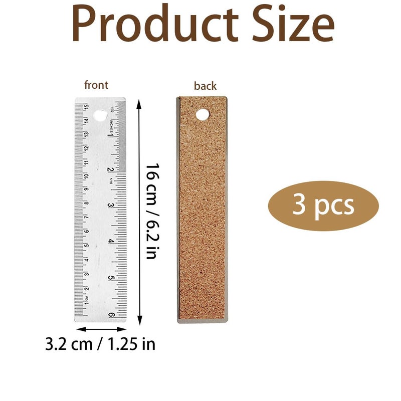 ZTEOFO 6-Inch Stainless Steel Metal Ruler with Non-Slip Cork Backing - 3 Pack - Image 3