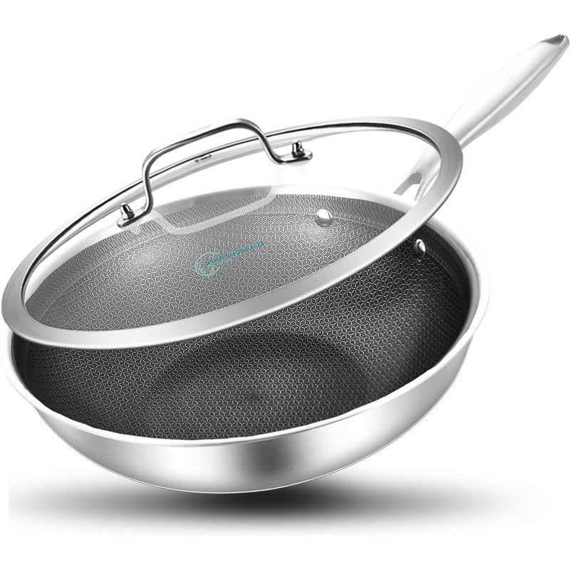 LOLYKITCH Hybrid 10 Inch Tri-Ply Stainless Steel Wok Pan with Lid,Ceramic Non Stick Stir Fry Pan,Induction Cooking Pan,Dishwasher and Oven Safe,Riveted Handle - Image 1