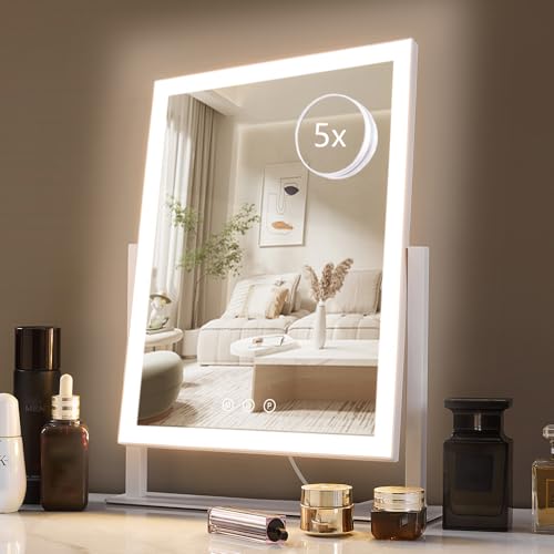 HIEEY Lighted Makeup Mirror, 17.3" x 13" Hollywood Vanity Mirror with Lights, Three Color Lighting Modes, and 5X Magnification Mirror, Smart Touch Control, 360°Rotation (White,Gift Box) - Image 1