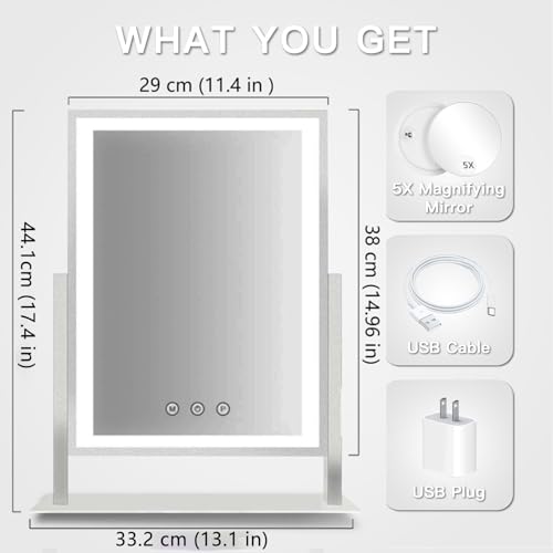 HIEEY Lighted Makeup Mirror, 17.3" x 13" Hollywood Vanity Mirror with Lights, Three Color Lighting Modes, and 5X Magnification Mirror, Smart Touch Control, 360°Rotation (White,Gift Box) - Image 2