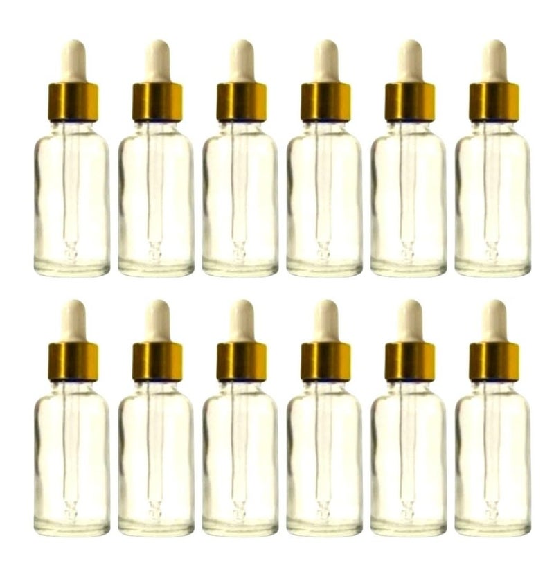 VOW 30 ML Transparent Round Empty Glass Bottle Glass Dropper Gold Ring Silicone White Teat Refillable Reusable Leak Proof for Essential Oils PerfumesPack of 12 - Image 1