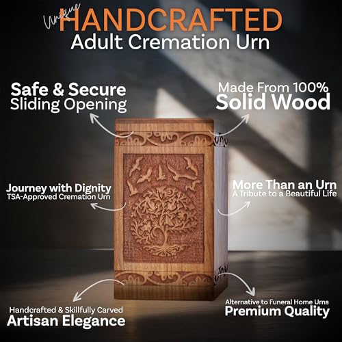 INTAJ Handcarved Wooden Cremation Urn for Human Ashes - Tree of Life Design, 180 lbs Capacity, Suitable for Adult Men and Women - Decorative Funeral Urn Box and Casket - Wooden Carved Box - Image 4