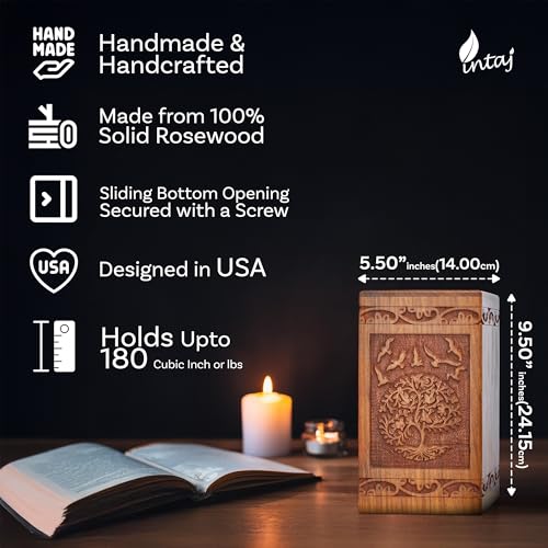 INTAJ Handcarved Wooden Cremation Urn for Human Ashes - Tree of Life Design, 180 lbs Capacity, Suitable for Adult Men and Women - Decorative Funeral Urn Box and Casket - Wooden Carved Box - Image 2