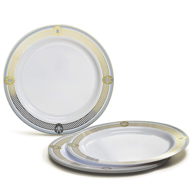 OCCASIONS FINEST PLA "" OCCASIONS "" 50 Plates Pack (25 Guests)-Wedding Party Disposable Plastic Plate Set -25 x 10.25'' Dinner + 25 x 7.5'' Salad & Dessert plates (Royal in White/Blue & Gold) - Image 2