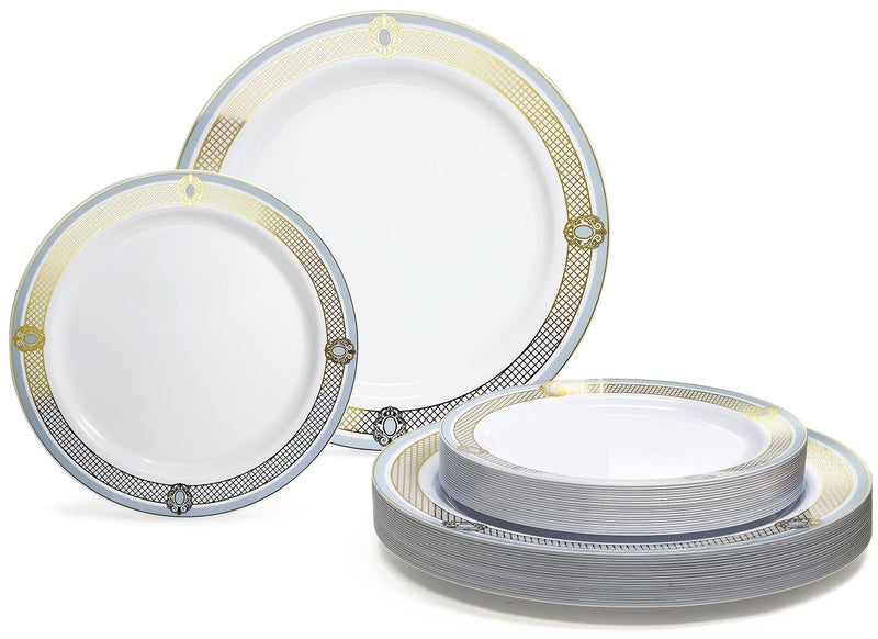 OCCASIONS FINEST PLA "" OCCASIONS "" 50 Plates Pack (25 Guests)-Wedding Party Disposable Plastic Plate Set -25 x 10.25'' Dinner + 25 x 7.5'' Salad & Dessert plates (Royal in White/Blue & Gold) - Image 1