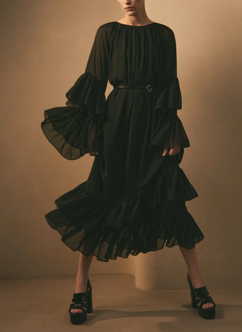 Chiffon midi dress with voluminous ruffles and eco-leather belt