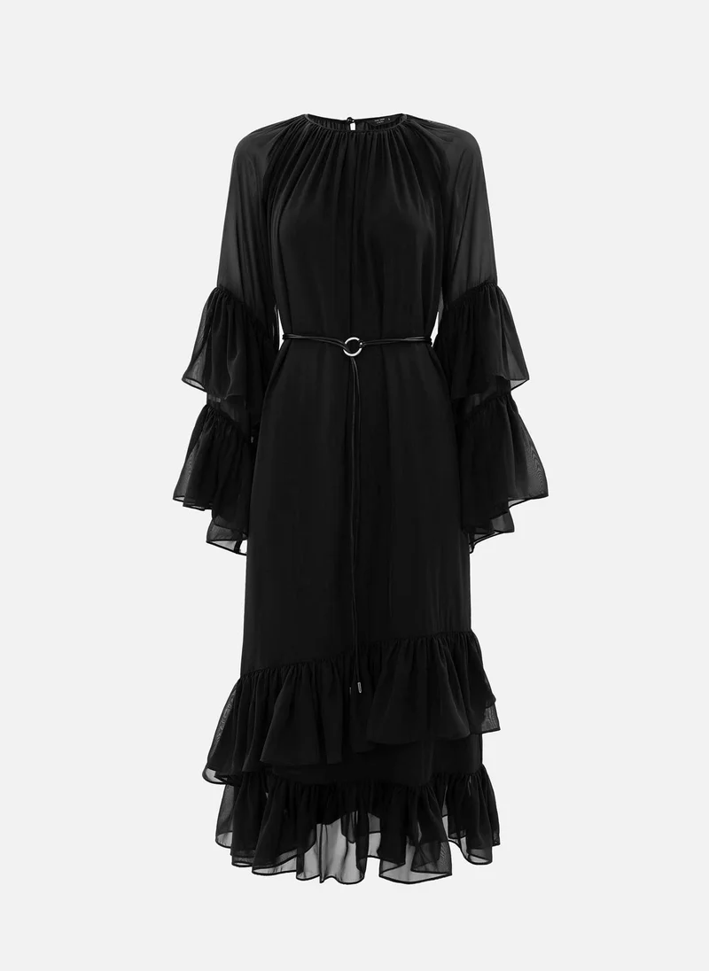 Lichi Chiffon midi dress with voluminous ruffles and eco-leather belt