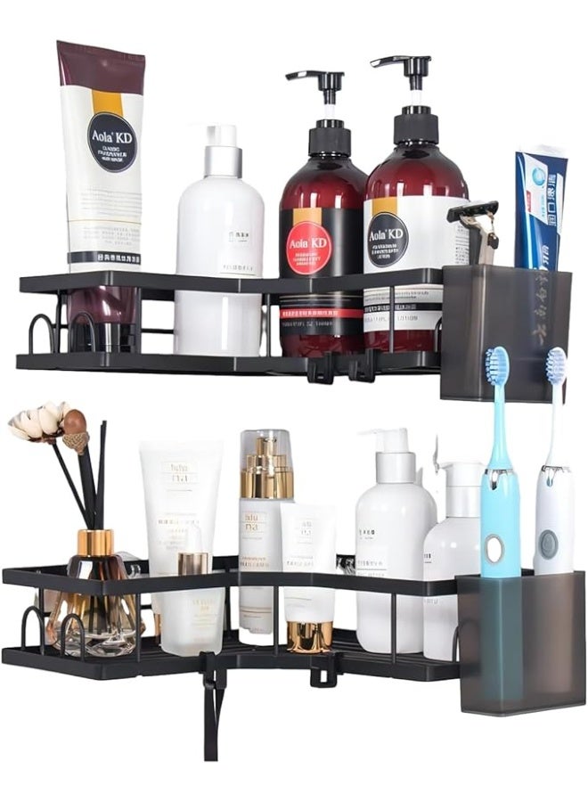 Cool Baby 2pcs Rustproof Corner Shower Caddy With Hooks, Wall Mounted Adhesive Shower Organizer Shelf, Stainless Steel Bathroom Storage Rack, No Drilling Storage Holder (Black) - Image 2