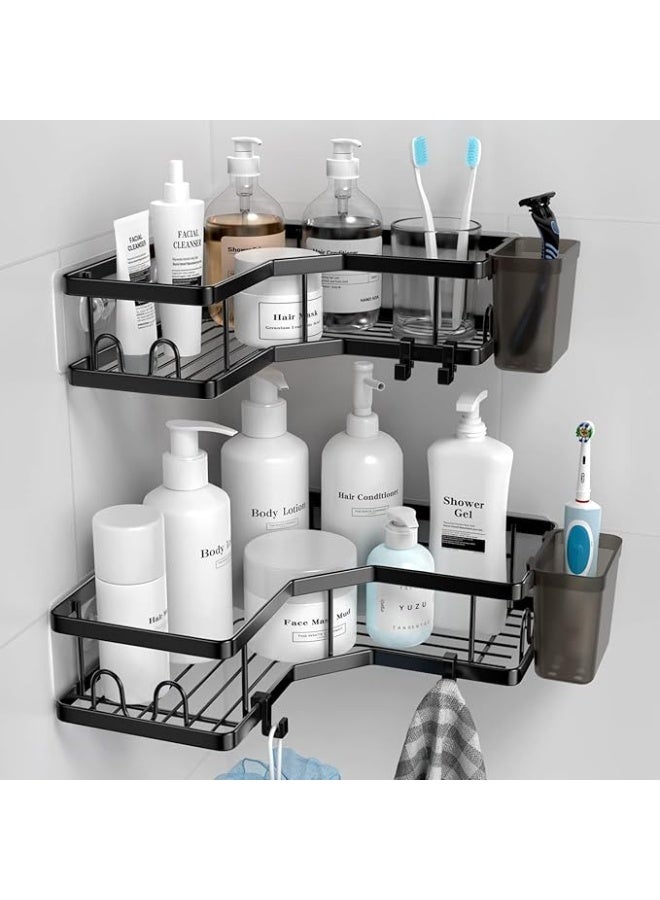 Cool Baby 2pcs Rustproof Corner Shower Caddy With Hooks, Wall Mounted Adhesive Shower Organizer Shelf, Stainless Steel Bathroom Storage Rack, No Drilling Storage Holder (Black) - Image 3