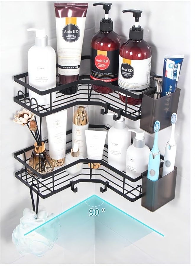 Cool Baby 2pcs Rustproof Corner Shower Caddy With Hooks, Wall Mounted Adhesive Shower Organizer Shelf, Stainless Steel Bathroom Storage Rack, No Drilling Storage Holder (Black) - Image 5
