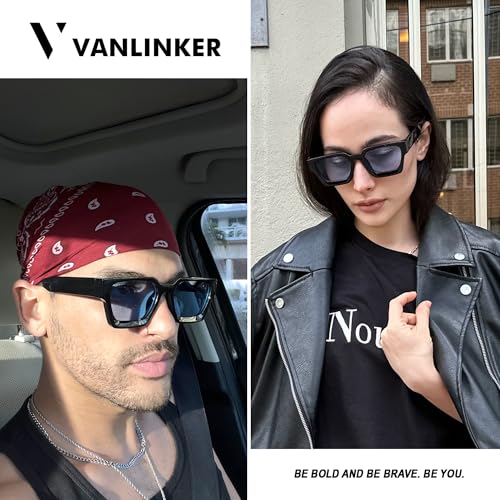 VANLINKER Thick Square Sunglasses for Men Women Retro Chunky Rectangle Shades UV400 Protection VL9731 Black Frame/Blue Tinted Lense - Image 2
