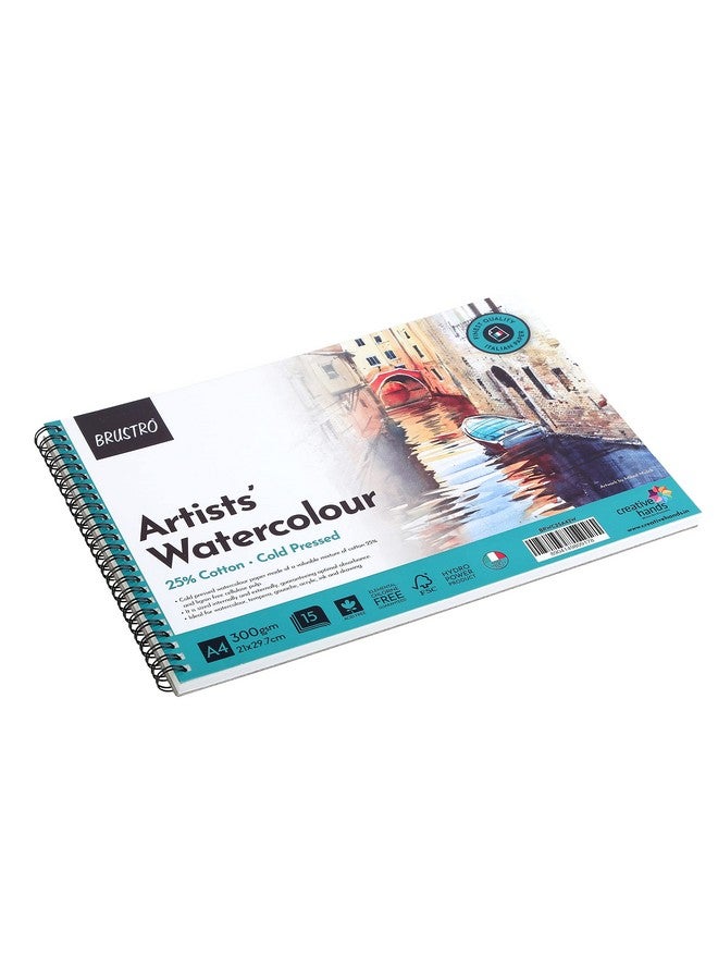 BRUSTRO دفتر ورق الألوان المائية من BRUSTRO | 300 جرام لكل متر مربع، A4، 25% قطن، مضغوط بارد | عبوة من 15 ورقة | ملزم بأسلاك، حلزوني، مثالي للرسم الاحترافي، الطلاء، الجاف والرطب، طلاب الفنون الجميلة - Image 1