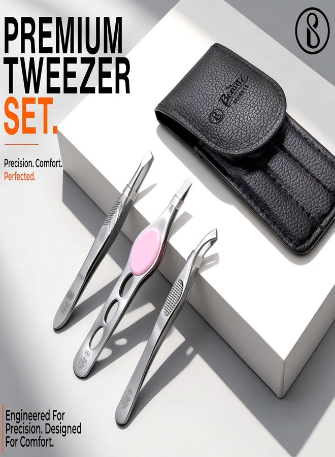 Beauté Secrets Professional 3-Piece Tweezer Set with Travel Case | Wide Slant, Precision Point & Slant Tip Tweezers | Stainless Steel Eyebrow & Facial Hair Removal Kit - Image 2