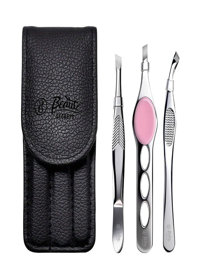 Beauté Secrets Professional 3-Piece Tweezer Set with Travel Case | Wide Slant, Precision Point & Slant Tip Tweezers | Stainless Steel Eyebrow & Facial Hair Removal Kit - Image 1