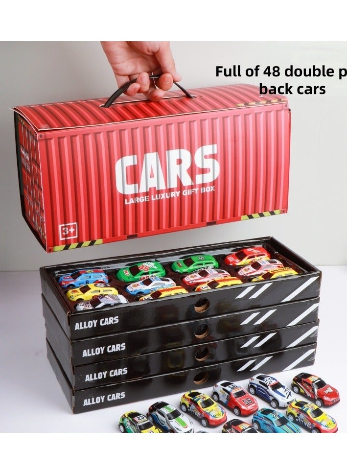 مجموعة صندوق هدايا لعبة سيارة من سبيكة قابلة للسحب مكونة من 48 قطعة، صندوق هدايا ملون للسيارة قابل للسحب مع صندوق تخزين، لعبة سيارة من سبيكة الدفع والانطلاق، سهلة الحمل والتنظيم (مناسبة لأكثر من 3 أولاد وبنات) - Image 1