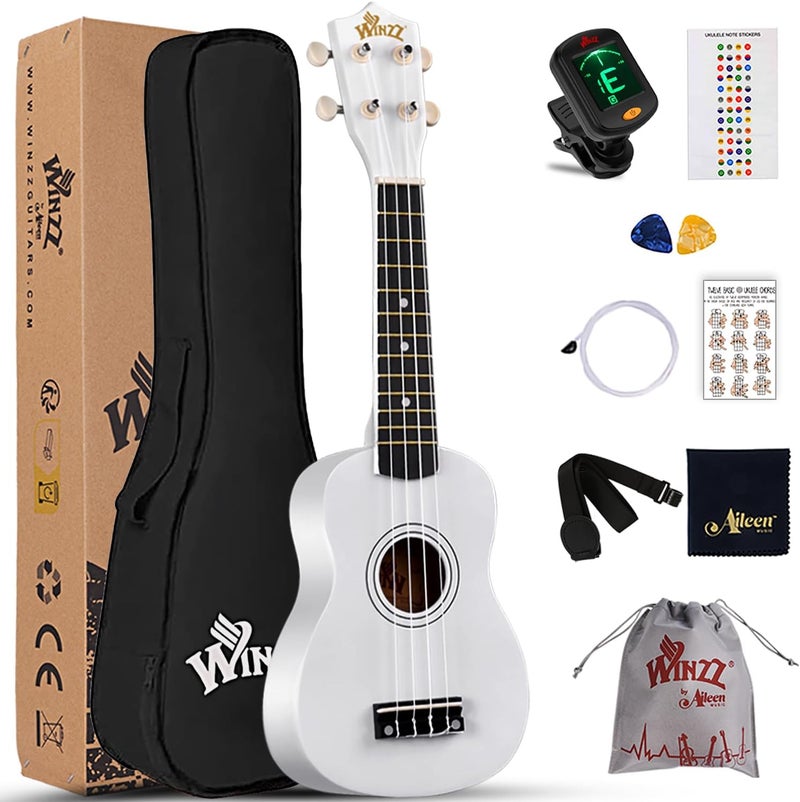 وينز مجموعة Soprano Ukulele للمبتدئين مع حقيبة ناعمة، موالف قابل للفصل، أوتار إضافية، معول، حزام، ملصقات الحنق، بطاقة الأوتار، قطعة تلميع، أبيض - Image 1