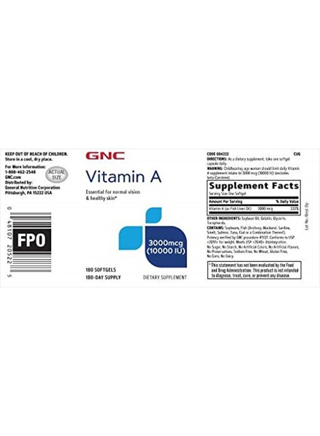 GNC Vitamin A 3000mcg (10000IU), 180 Softgels, Promotes Normal Vision and Healthy Skin - Image 2