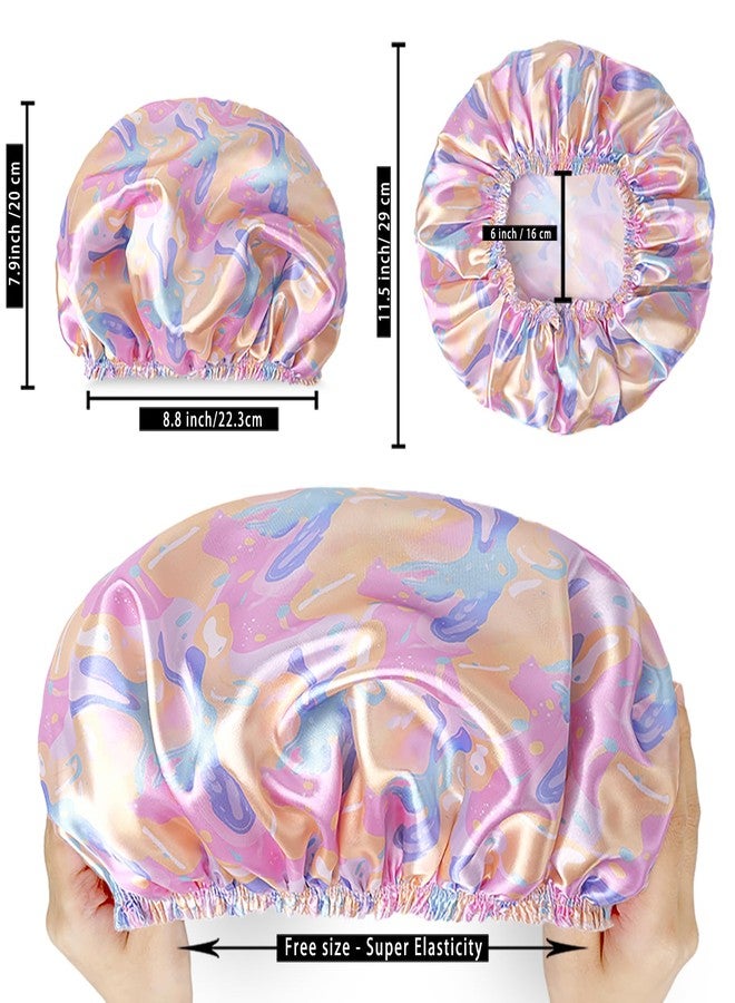 CHFONG 4 PCS Shower Cap for Women, Elastic and Reusable Bath Caps, Double Layers Shower Caps Reusable Waterproof, Bathing Shower Caps, Environmental Bath Hair Protection Cap - Watermelon - Image 3
