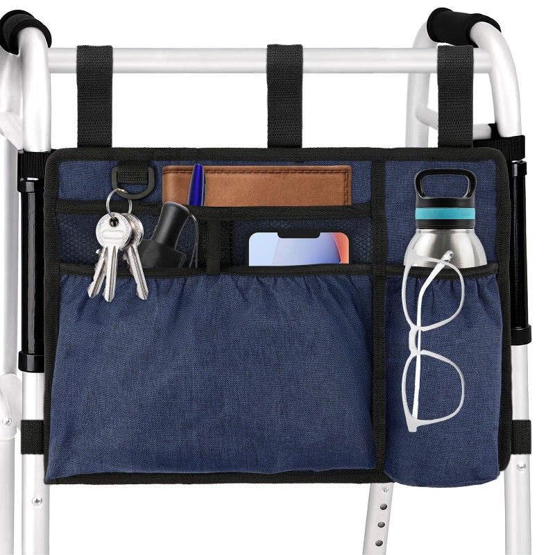 Okxiri Walker Bag Basket with Cup Holder for Folding Walker Accessories for Seniors Elderly, Handicap, Foldable & Water Resistant Walker Storage Bags with Big Capacity - Dark Blue - Image 1