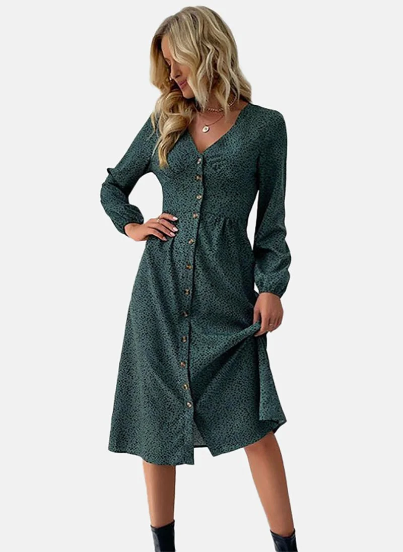 يونيكي Green Basic Animal Print V Neck Long Sleeve Dress
