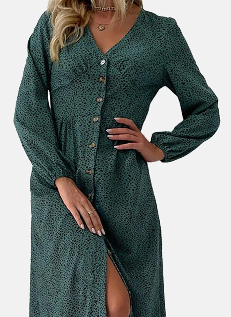 يونيكي Green Basic Animal Print V Neck Long Sleeve Dress