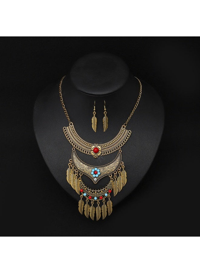 NIBEMINENT Vintage Layered Alloy Tassel Leaf Necklace and Earring Set