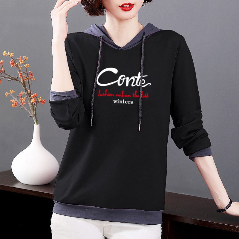 100% Pure Cotton Long-Sleeve T-Shirt For Women, Plus Size Women'S Clothing, 2024 Loose Hooded Versatile Top, Trendy Korean Style New Model - Image 2