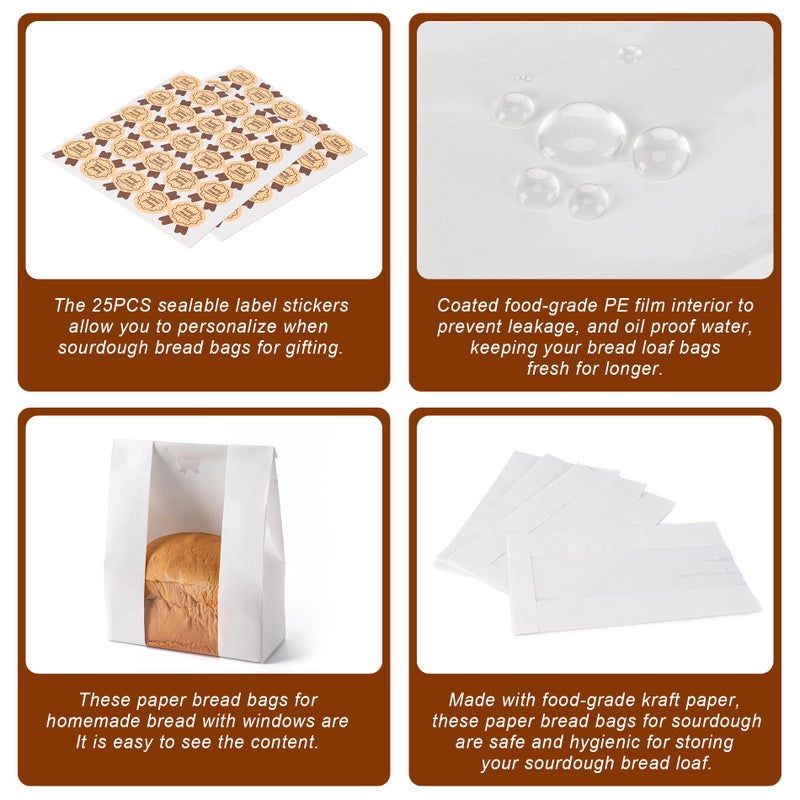 Hoewina 25Pcs Paper Bread Bags  Large Sourdough Bread Bags For Homemade Bread Bakery Storage With Window  Includes 25Pcs Label Seal Stickers (13.7X8.3X3.5 Inch  White) - Image 4