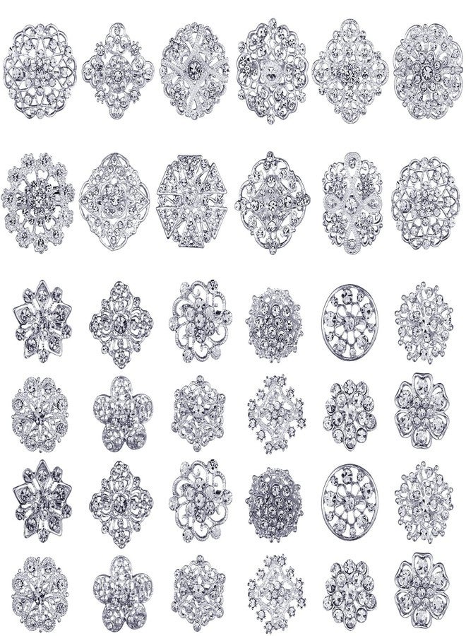 Mtlee 36 Pieces Clear Rhinestone Brooches for Crafts Crystal Flower Brooch Pins with Rhinestones Silver Bulk Brooches Jewelry for Woman Flower Lapel Badge Pins DIY Wedding Bouquet Broaches Kit (Silver) - Image 1