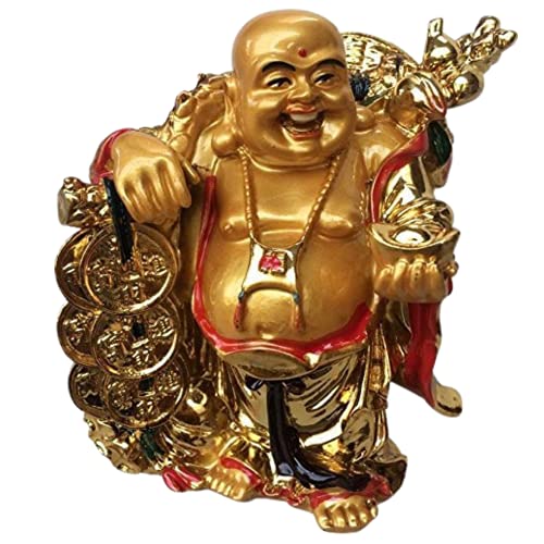GJ Feng Shui Laughing Buddha with Ingot Polyresin Golden Color - Image 1