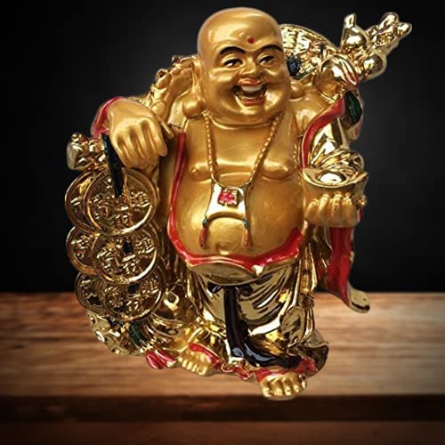 GJ Feng Shui Laughing Buddha with Ingot Polyresin Golden Color - Image 2