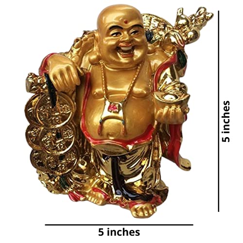 GJ Feng Shui Laughing Buddha with Ingot Polyresin Golden Color - Image 3