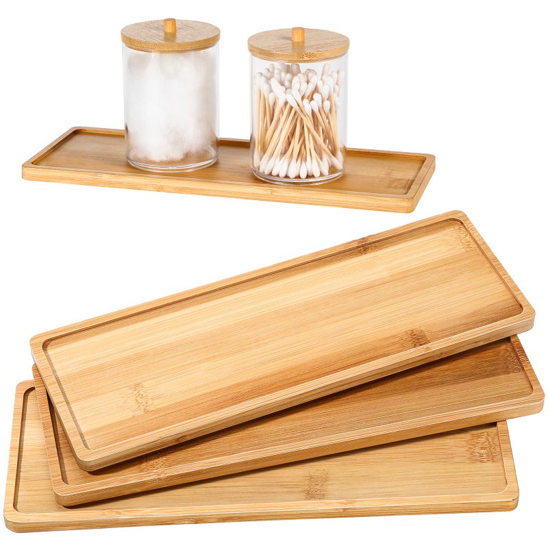 Bamboo Tea Serving Tray 3 Pcs Decorative Multi Use Bathroom Counter Tray with Edges Bamboo Vanity for Dresser Food Coffee Tea Snack Tissues Candles 11 x 4 InchRectangle Edge Style