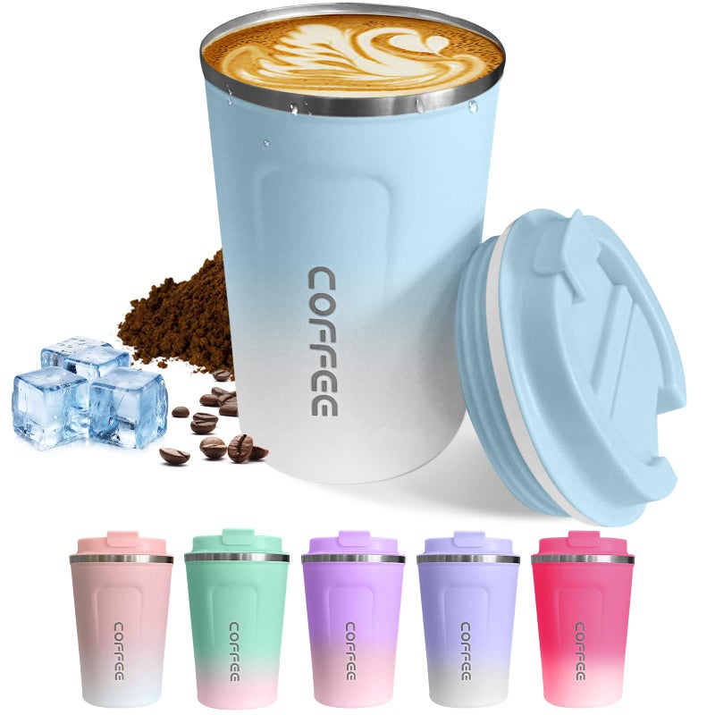 SPLMIFA Travel coffee mugs leak-proof, reusable coffee cups with lids, stainless steel vacuum thermos coffee tumblers,thermal insulation cups for men and women hot & cold drinks (2nd-Blue White, 12OZ) - Image 1