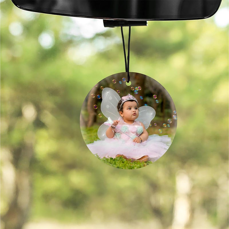 DECOCRU Personalized Photo & Message Printed Car Rear Mirror Hanging Plaque | Material Acrylic with UV Print | Shape Circle Size (2.5 x 2.5 Inch), Pack of 1 - Image 1