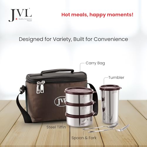 JVL Trixo Stainless Steel Lunch Box Set of 3 Leak-Proof Containers Capacity (200ml,300ml,450ml) & 1 Tumbler (500ml) with Insulated Bag & Cutlery Included, Ideal for Office, School & Travel (Trixo-1) - Image 4