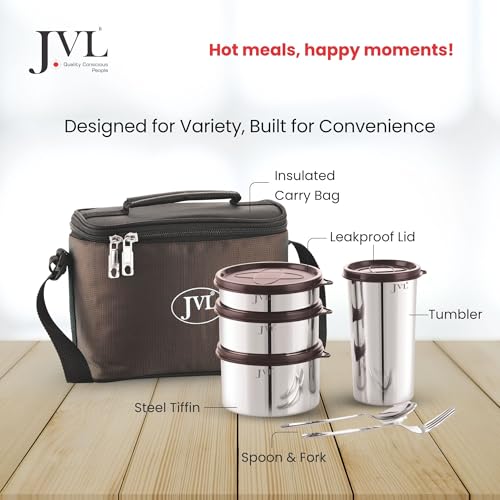 JVL Trixo Stainless Steel Lunch Box Set of 3 Leak-Proof Containers Capacity (200ml,300ml,450ml) & 1 Tumbler (500ml) with Insulated Bag & Cutlery Included, Ideal for Office, School & Travel (Trixo-1) - Image 3