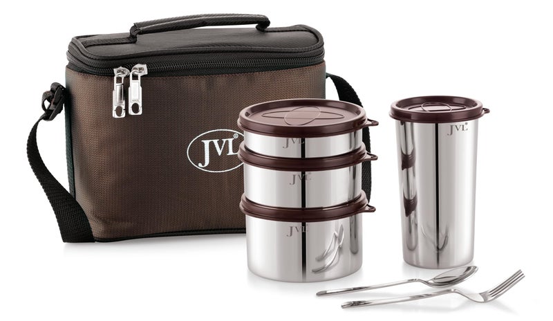 JVL Trixo Stainless Steel Lunch Box Set of 3 Leak-Proof Containers Capacity (200ml,300ml,450ml) & 1 Tumbler (500ml) with Insulated Bag & Cutlery Included, Ideal for Office, School & Travel (Trixo-1) - Image 1