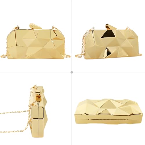 Reberomantic Women Lattice Pattern Metal Handbag Chain Geometric Evening Clutch Purse (G-Large Gold) - Image 4